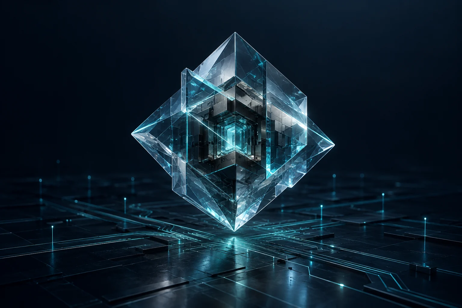 Abstract crystalline computing core connected to luminous digital pathways